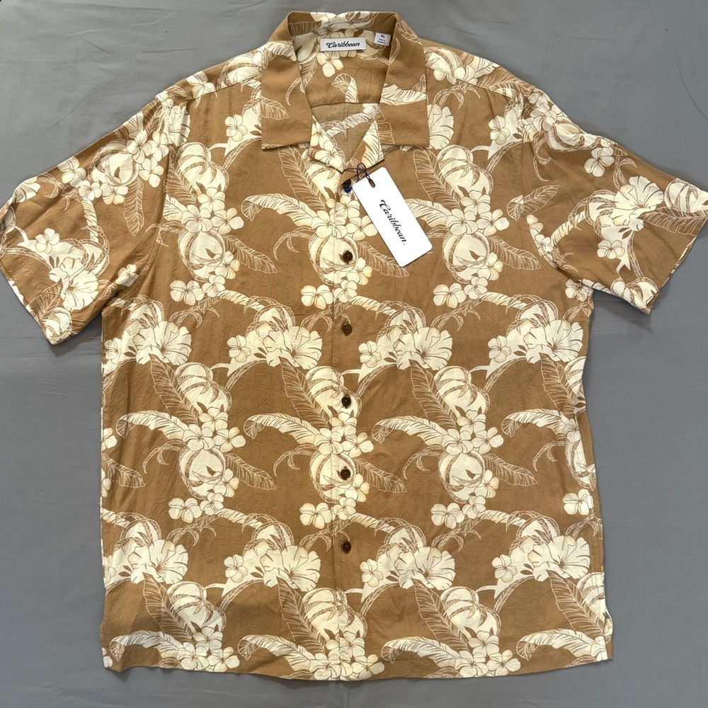 NWT Men’s Caribbean Brown Tropical Short Sleeve Button Down Shirt Size XL